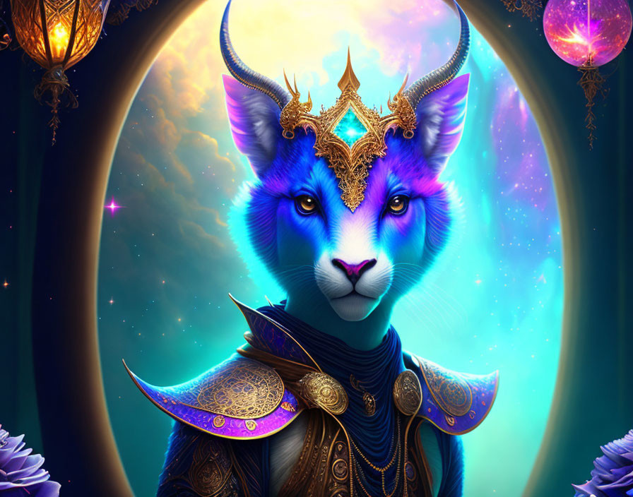 Blue feline creature in golden armor and crown surrounded by cosmic backdrop and moonlit arches.