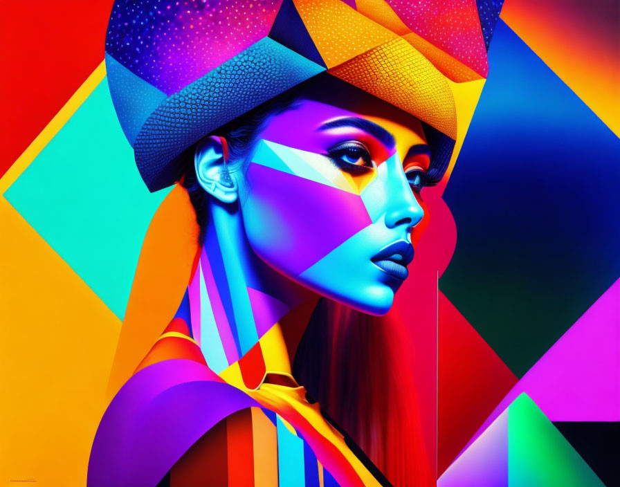 Colorful Geometric Shapes Surrounding Woman in Vibrant Digital Art