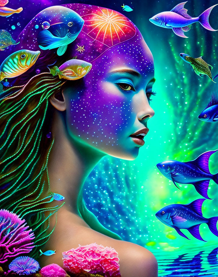 Woman merged with underwater scene: Colorful fish, corals, cosmic theme