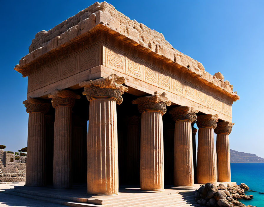 Ancient Greek Temple with Doric Columns by the Coastline