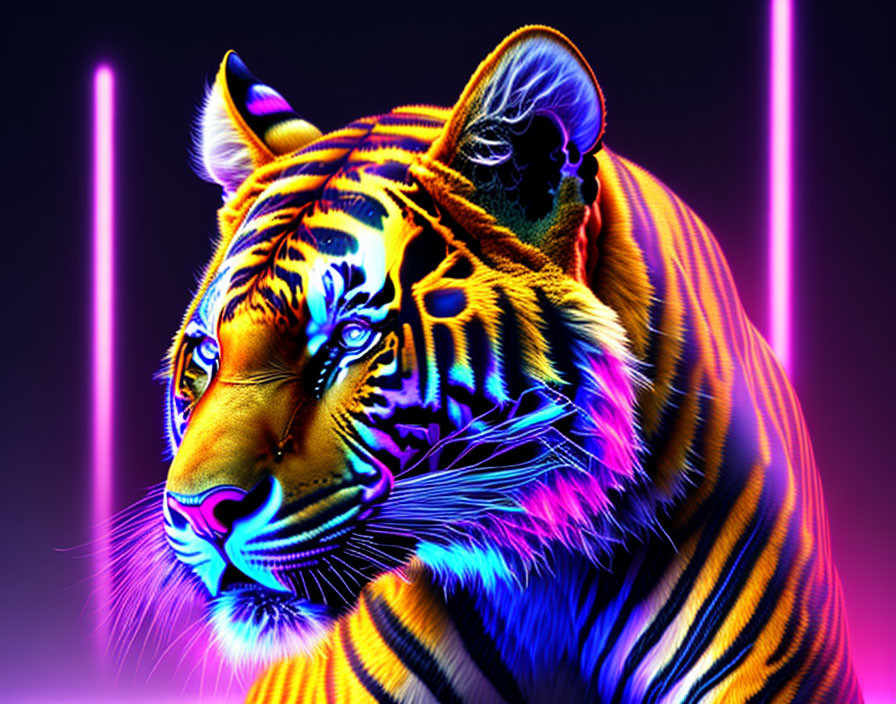 Colorful Tiger Artwork with Neon Colors on Dark Background