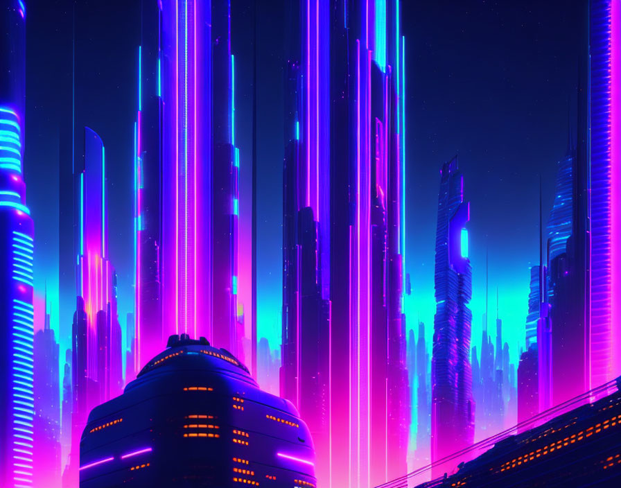 Vibrant neon-lit futuristic cityscape at night