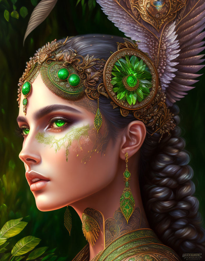 Elaborate Fantasy Portrait of Woman with Green and Gold Jewelry