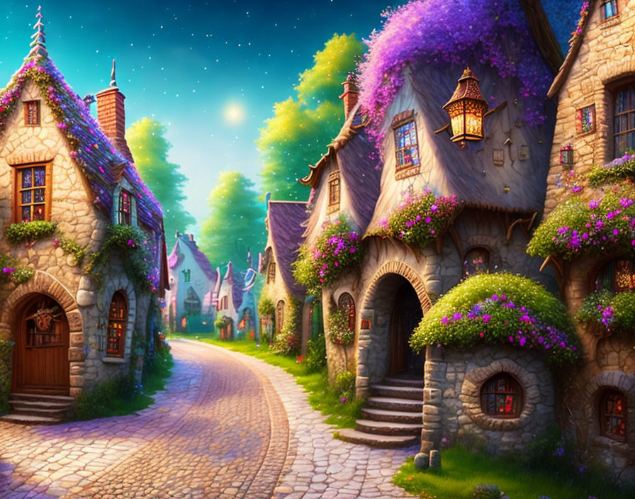 Charming village street at dusk with cobblestone roads, cottages, flowers, lanterns,