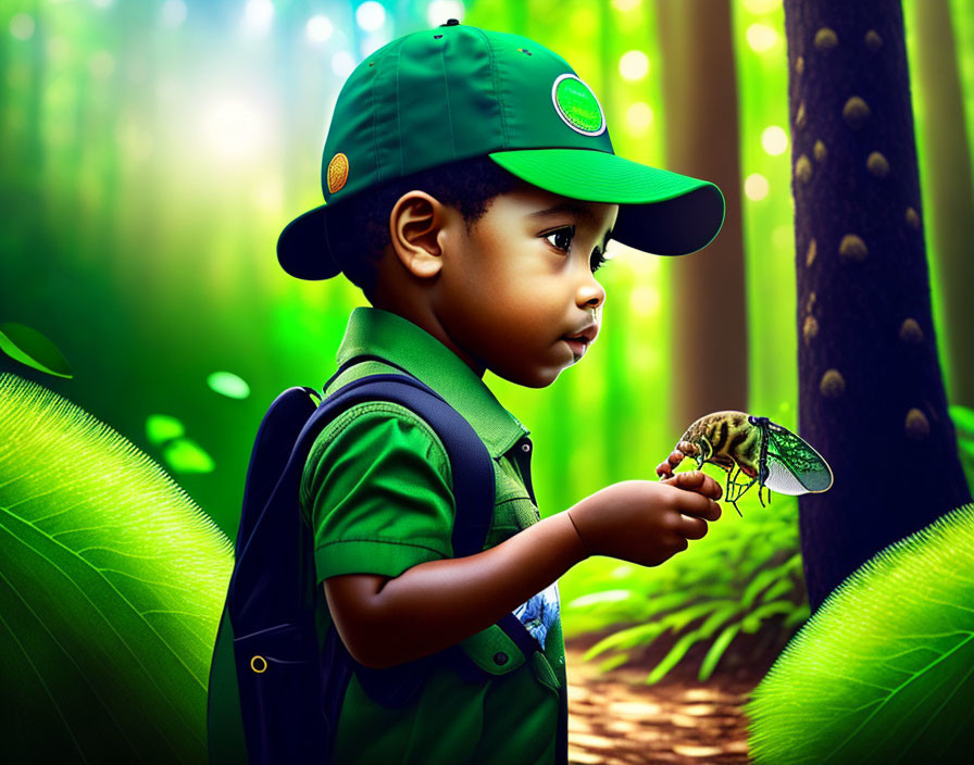 Child in green hat examines cicada in vibrant forest.