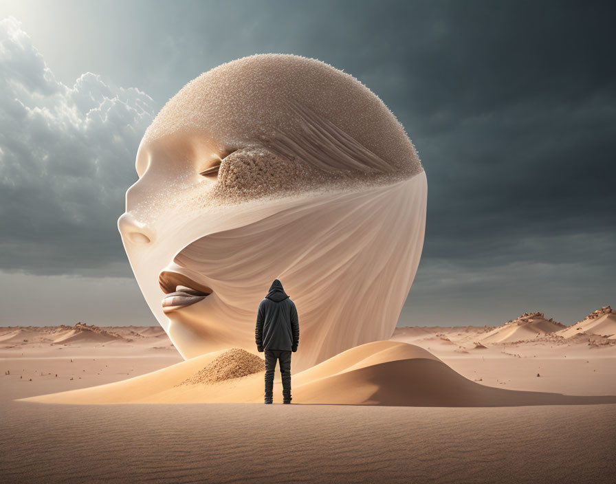 Person in Black Coat Faces Giant Surreal Face Sculpture in Desert