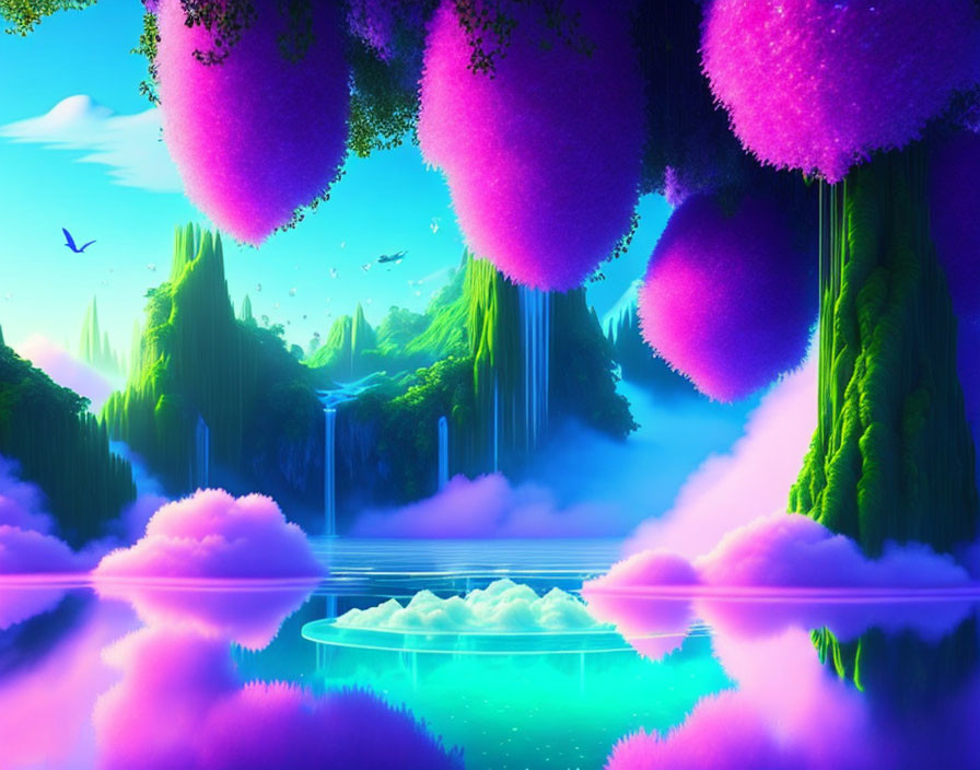 Colorful fantasy landscape with green cliffs, purple foliage, waterfalls, and floating islands.