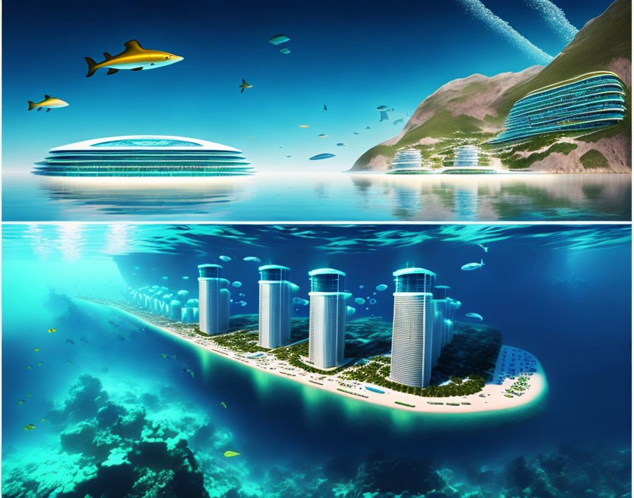 Futuristic dual cityscape: above-water skyline and underwater domed structures.