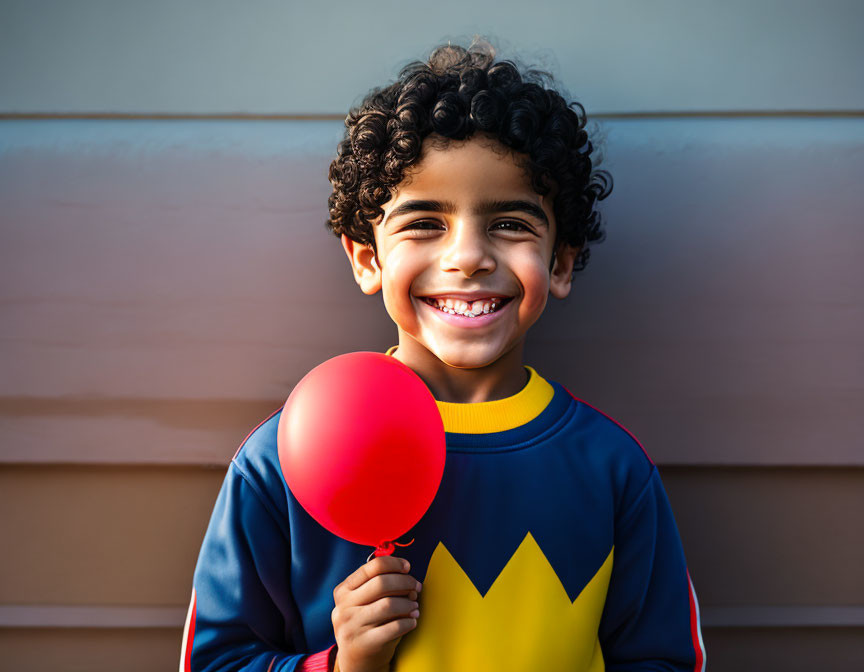 Curly-Haired Boy with Red Balloon Smiling in Front of Striped Background