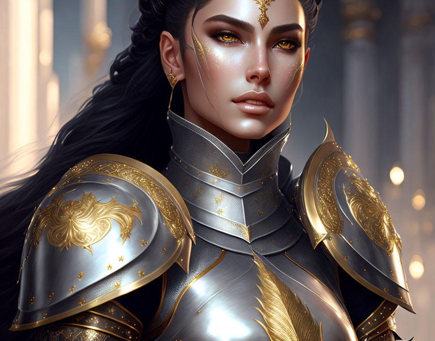 Warrior woman illustration with black hair and golden armor