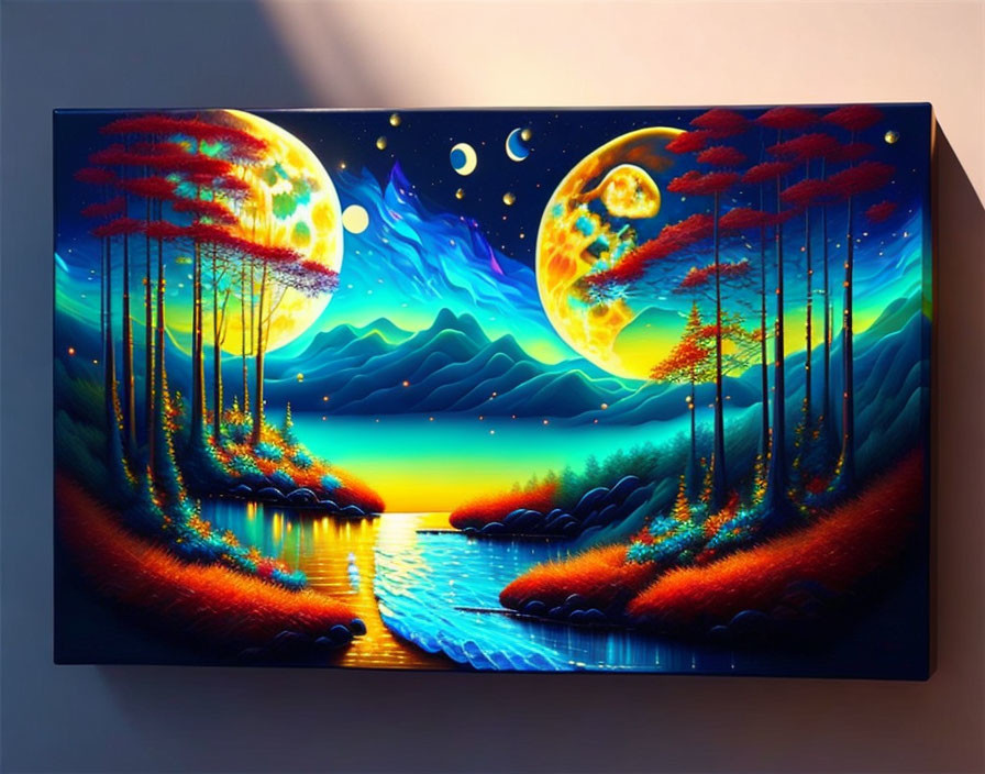 Fantasy landscape painting with luminous trees, dual moons, mountains, and reflective lake