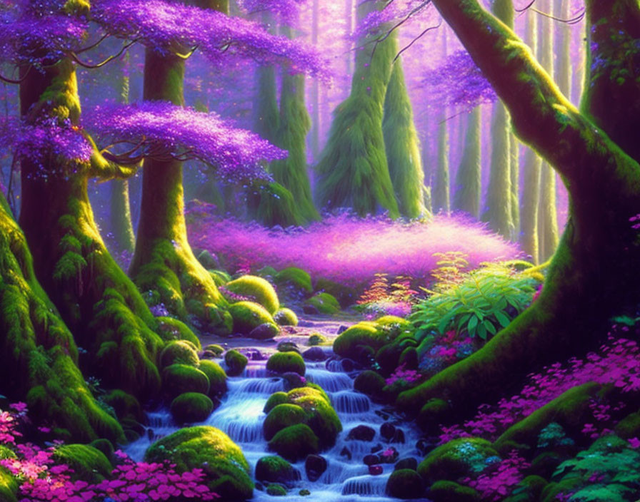 Lush forest scene with mossy trees, stream, and purple blooms