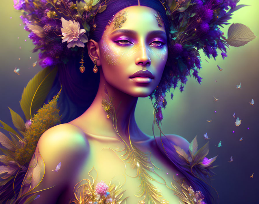 Mystical woman with floral and golden body art among butterflies