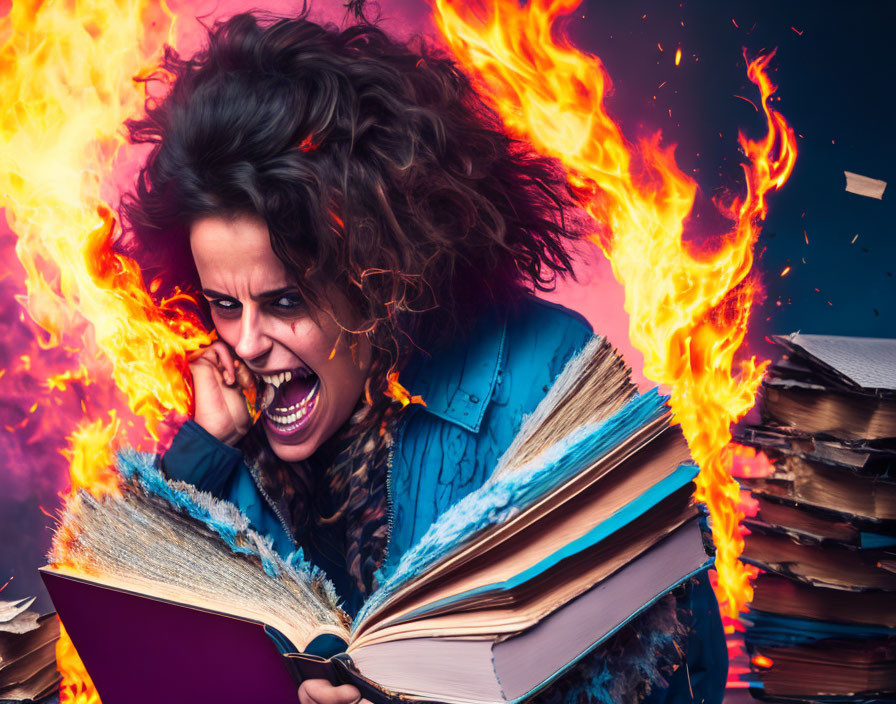 Person with wild hair holding open book surrounded by flames and flying pages