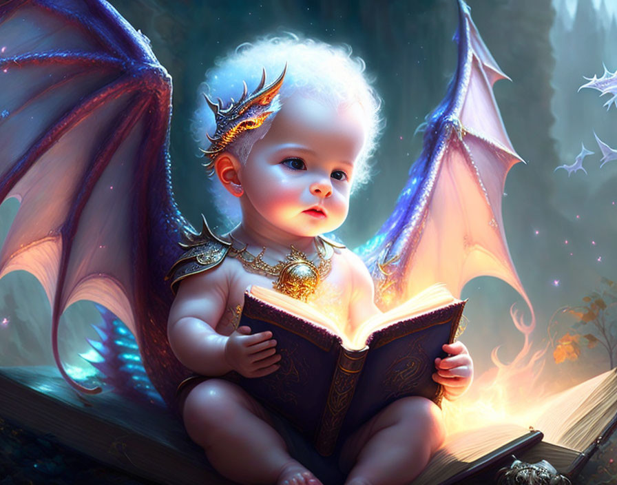 Illustration of baby with dragon wings reading in enchanted forest