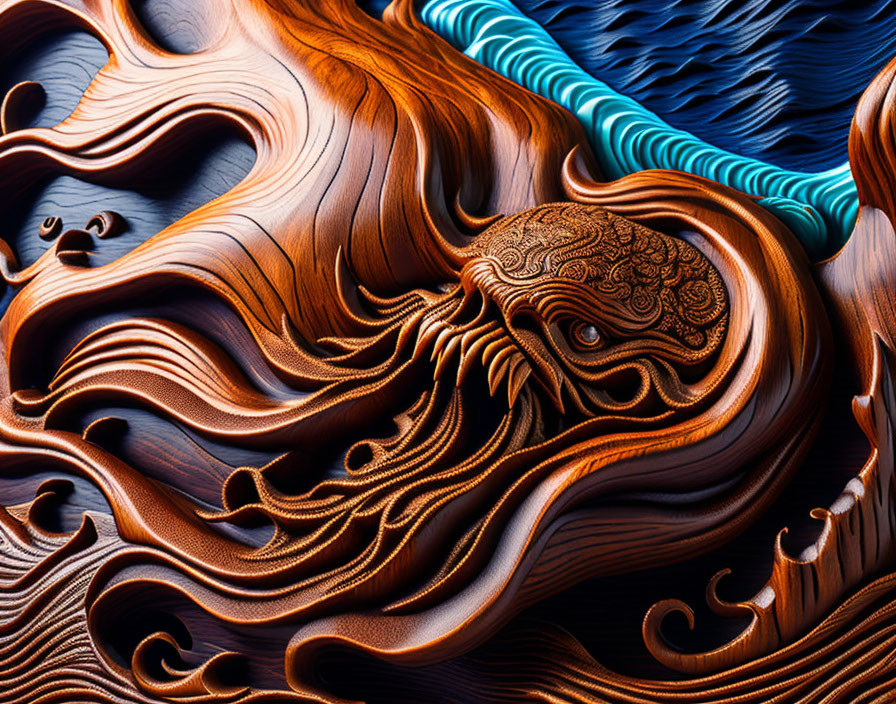 Detailed Wooden Carving: Ocean Wave with Octopus Integration