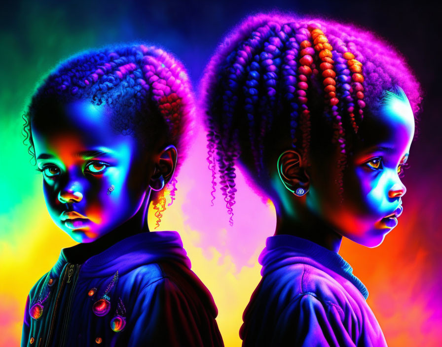 Two children with braided hair on vibrant neon background