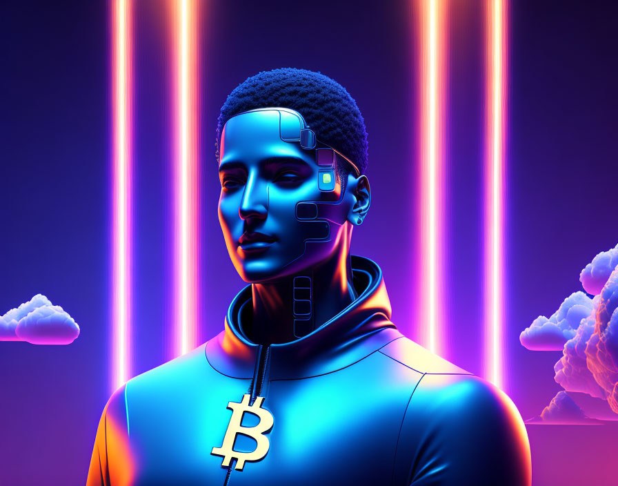 Cyborg with Human Features in Neon Lighting and Bitcoin Logo on Purple Background