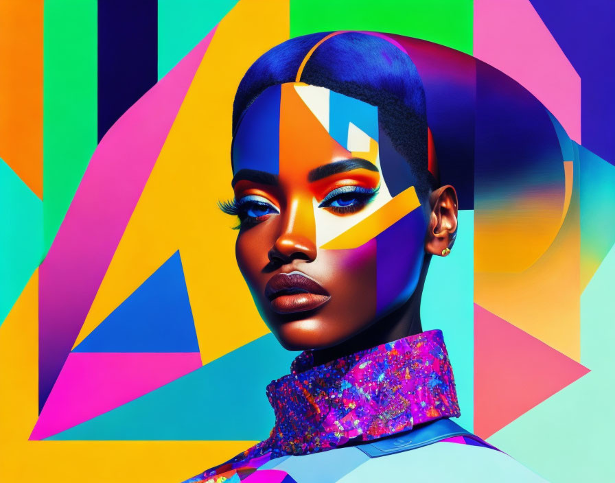 Colorful Geometric Makeup Portrait Against Vibrant Background