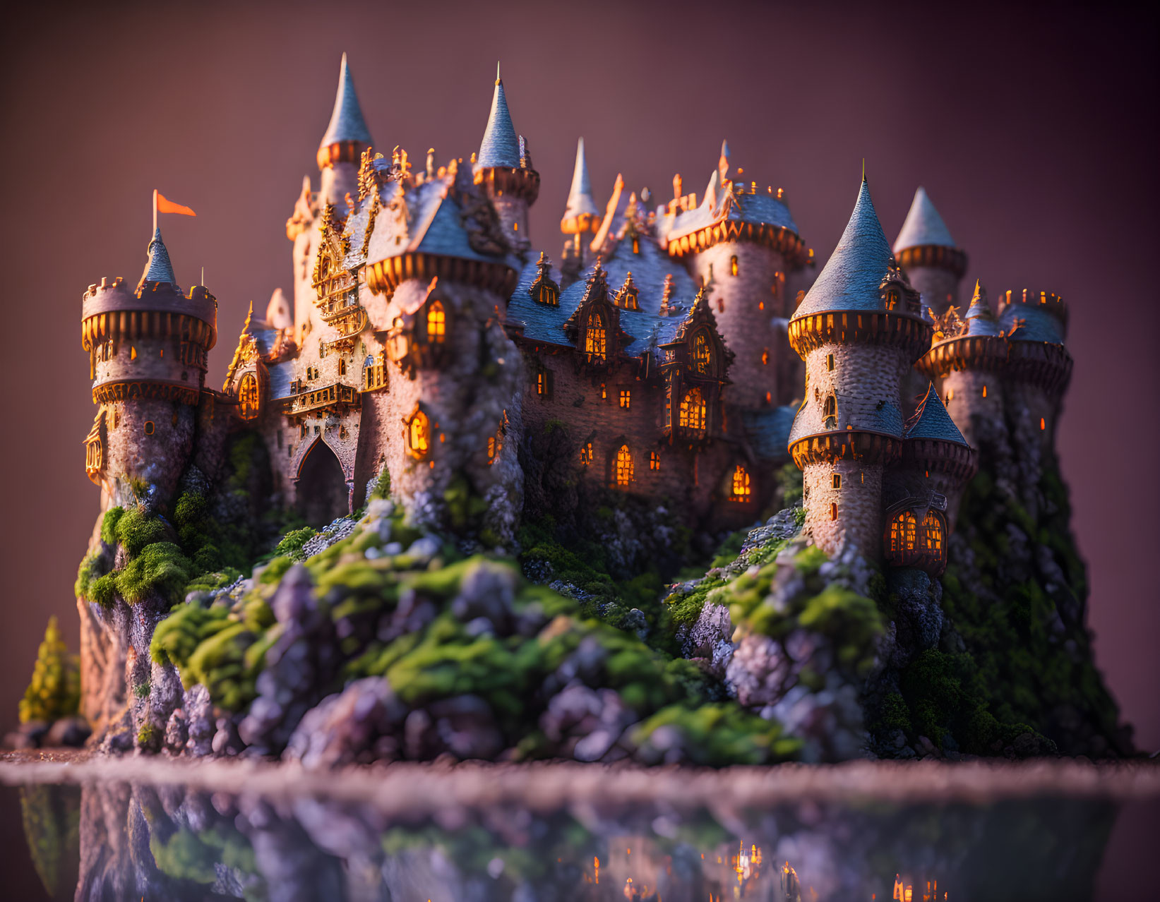 Miniature castle with intricate towers on lush hill by serene water