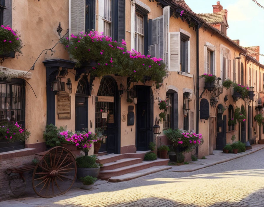 Picturesque European Street with Vibrant Pink Flowers and Vintage Decor