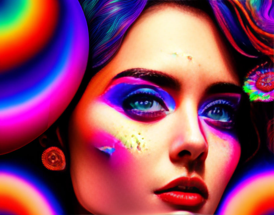 Colorful Makeup with Intense Blue Eyes and Psychedelic Patterns