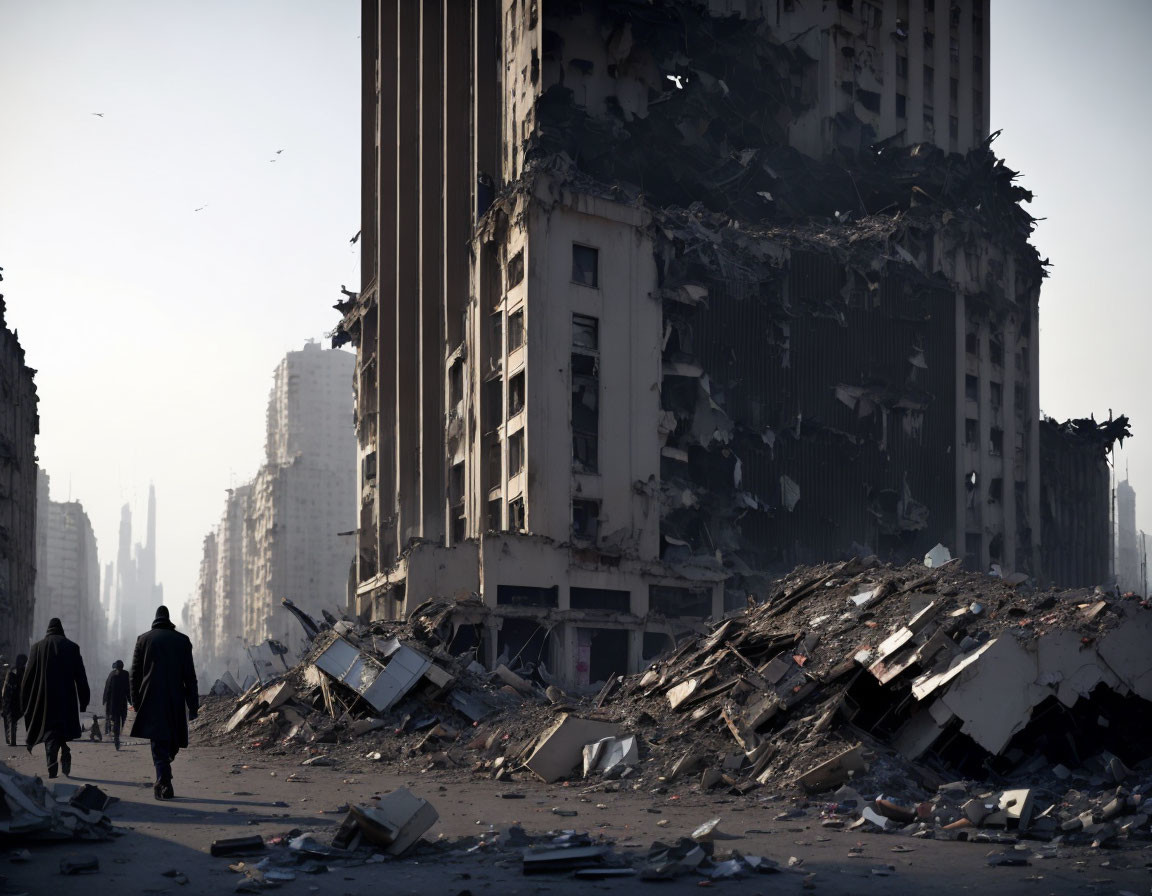 Desolate urban landscape with damaged building and walking individuals