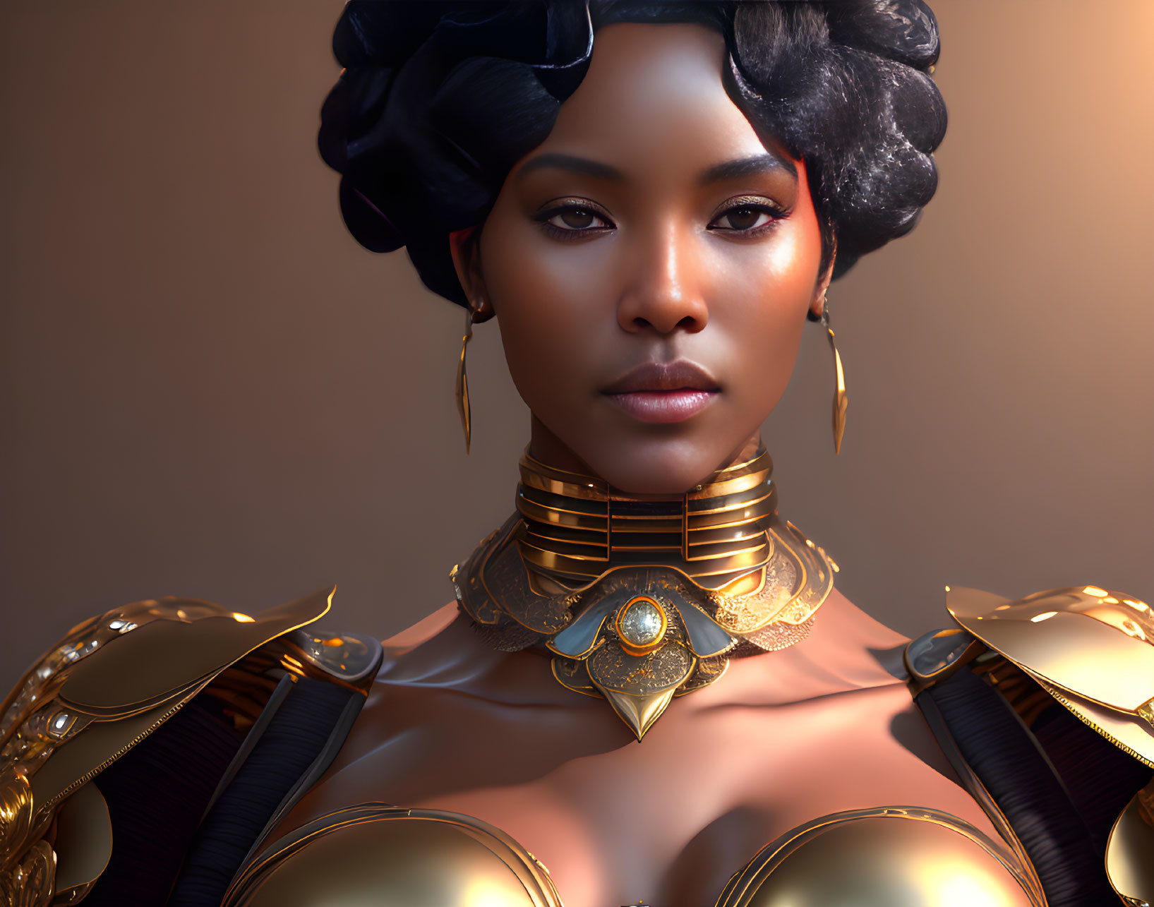 African-inspired female character with gold jewelry in 3D render