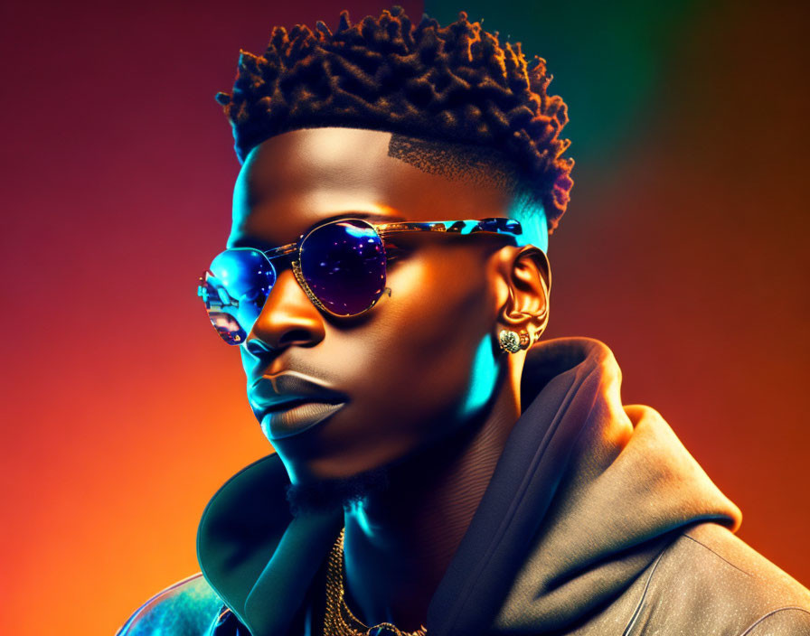 Fashionable man with textured hair in sunglasses, earrings, and jacket on vibrant backdrop