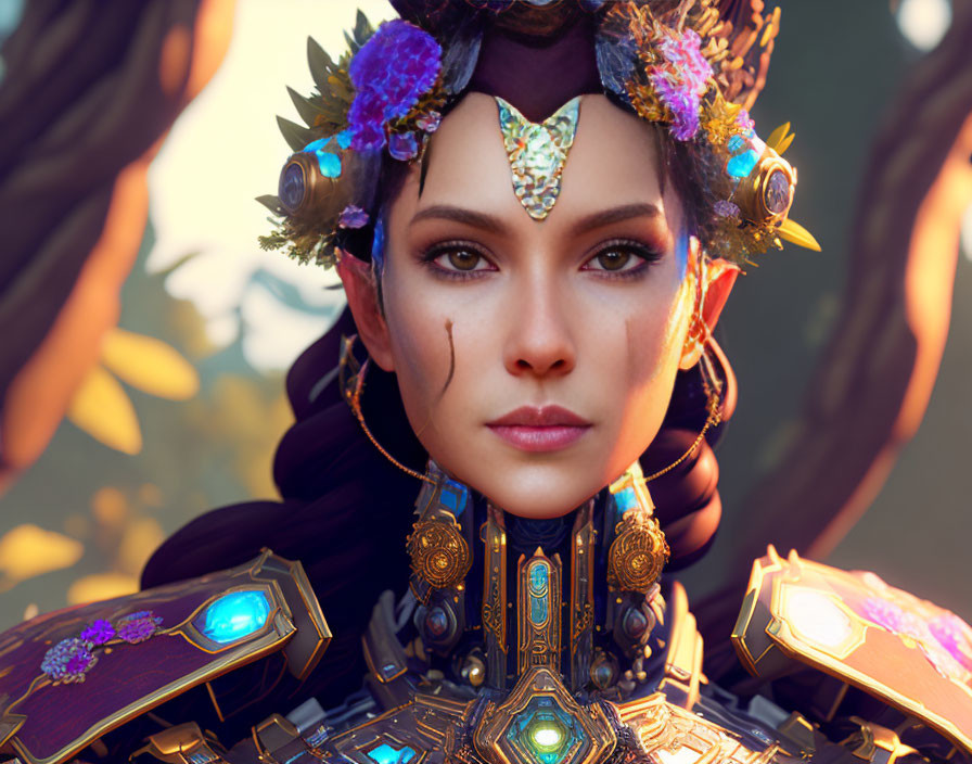 Digital portrait of woman in fantasy armor with blue gemstones & floral crown