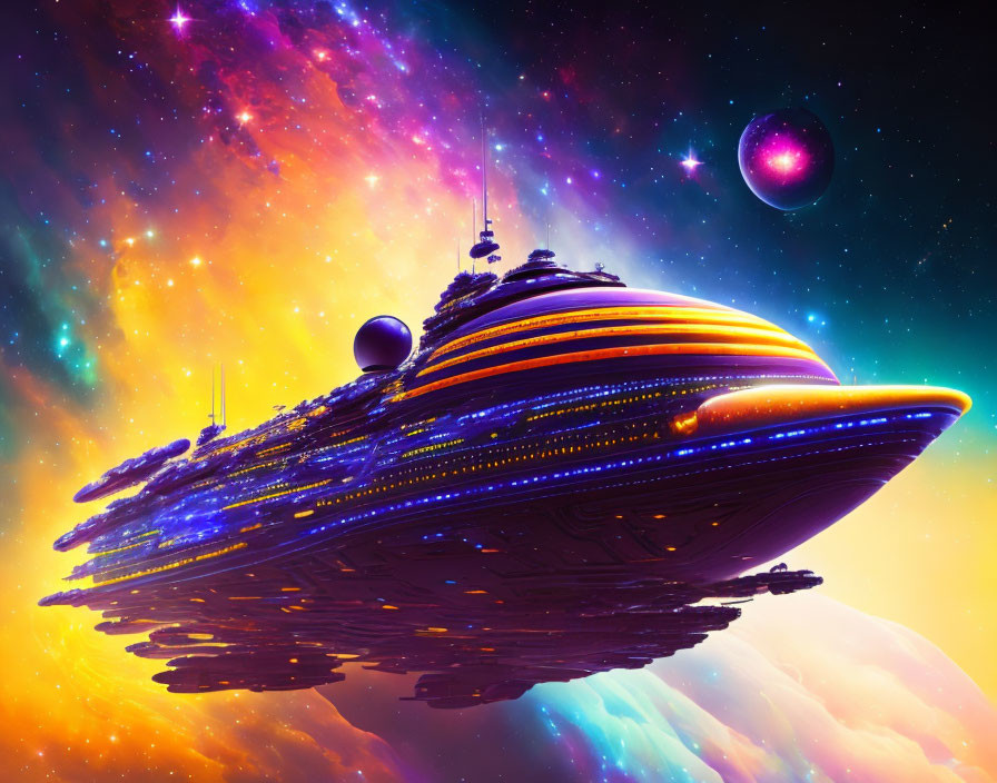 Colorful Futuristic Spaceship Gliding through Cosmic Landscape