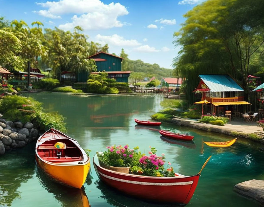 Colorful boats and buildings on calm river with lush greenery and blue sky