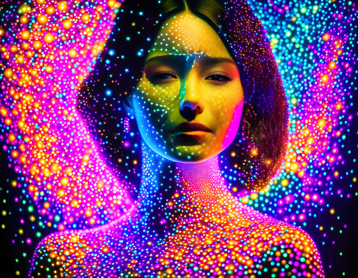 Multicolored neon lights woman on dark background