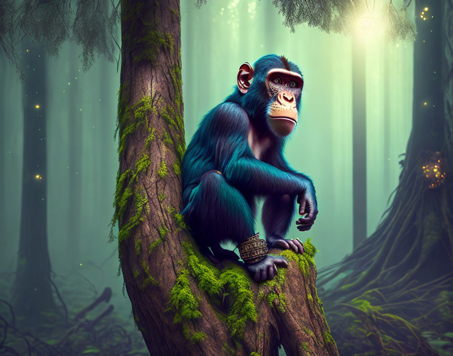 Colorful Chimpanzee in Mystical Forest with Glowing Lights