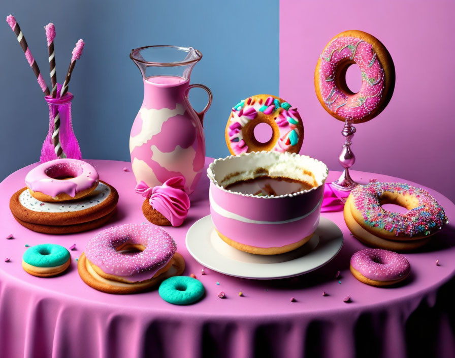 Vibrant dessert display with pink frosted doughnuts, white and pink cake, milk jug,