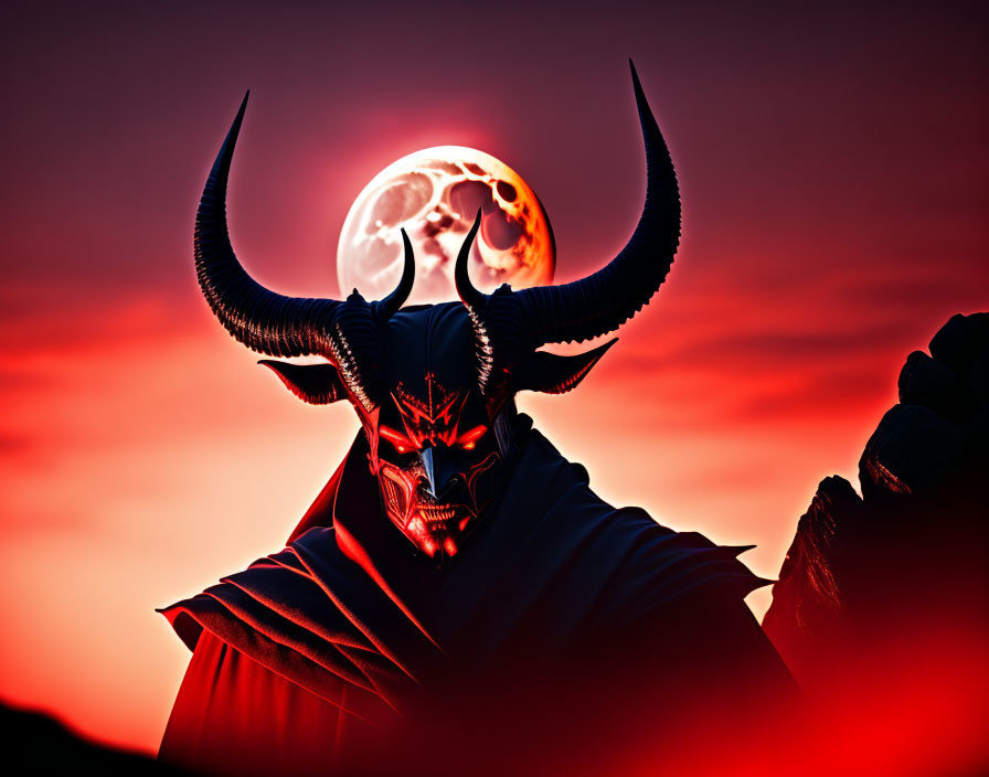 Demonic figure with horns under blood-red sky and full moon