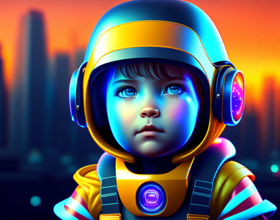 Child in yellow and white futuristic spacesuit helmet gazes at neon cityscape