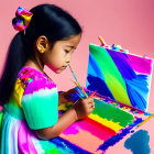 Young girl painting on canvas with vibrant colors and pink background.