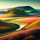 Colorful Agricultural Fields and River in Twilight Glow