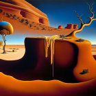 Surreal desert landscape with melting objects and distorted black figure