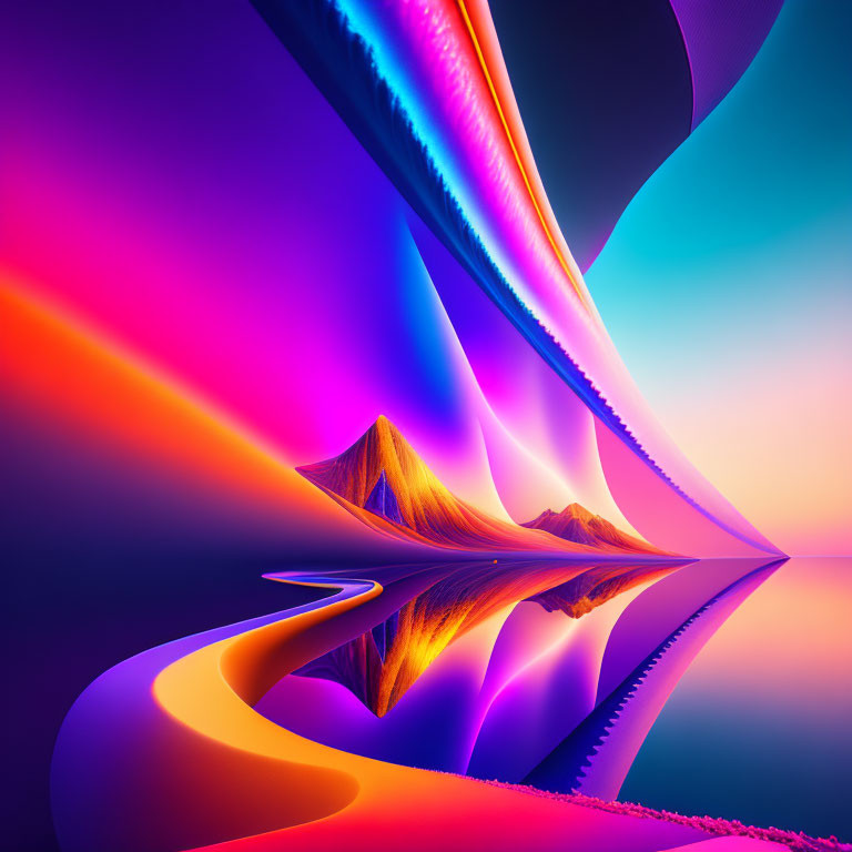 Colorful digital landscape with neon hues, flowing shapes, mirrored mountain, gradient sky