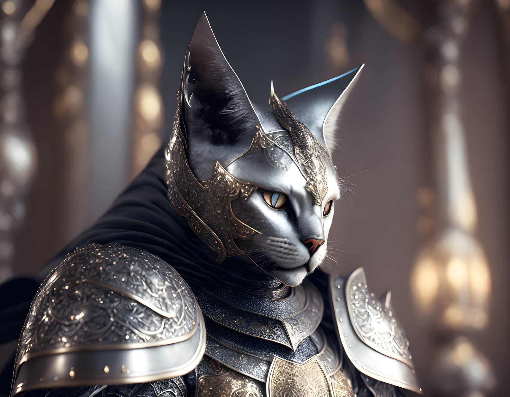 Digital artwork of cat in ornate medieval armor with gold details