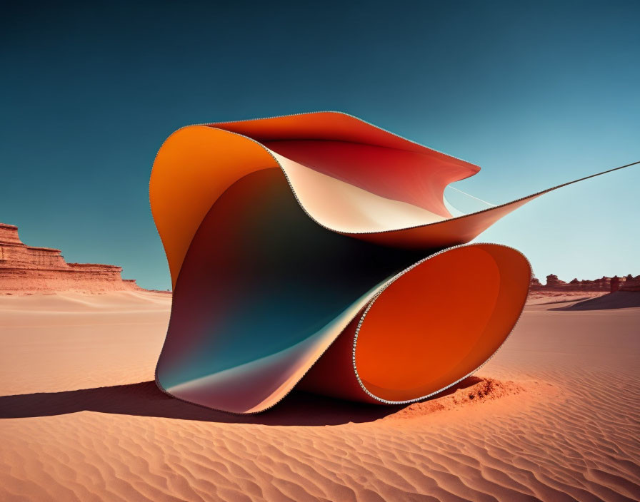 Orange Abstract Sculpture Twists in Desert Landscape