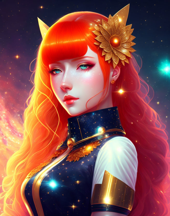 Orange-Haired Character with Cat Ears and Gold Accessory in Cosmic Setting