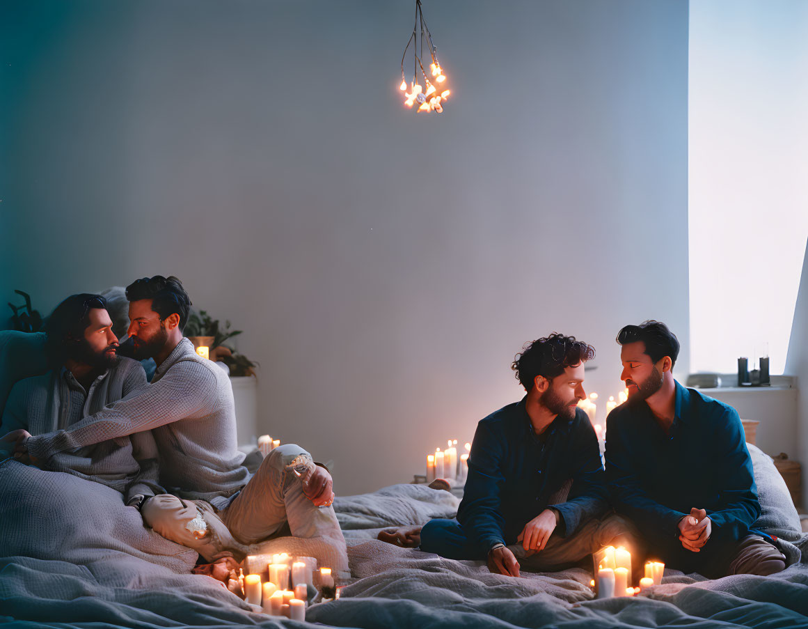 Twin brothers having a cozy chat in candlelit bedroom