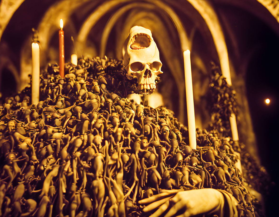 Skull on Bone Mound in Candlelit Sepulchral Chamber