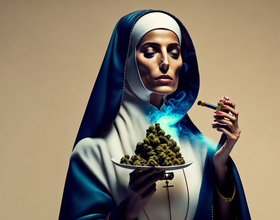 Nun smoking from lipstick pipe over green substance on tan background