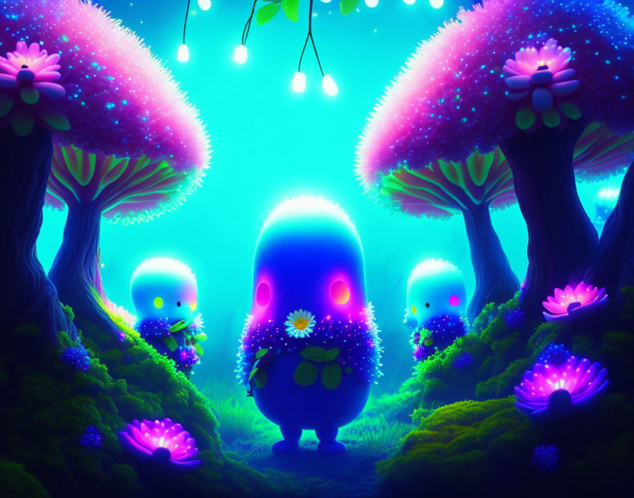 Enchanting fantasy forest with glowing trees and creatures under starry sky