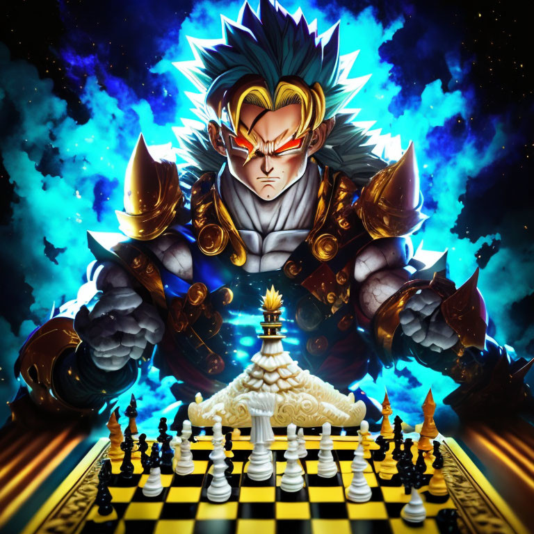 Stylized armored character with spiked green hair plays chess in celestial setting