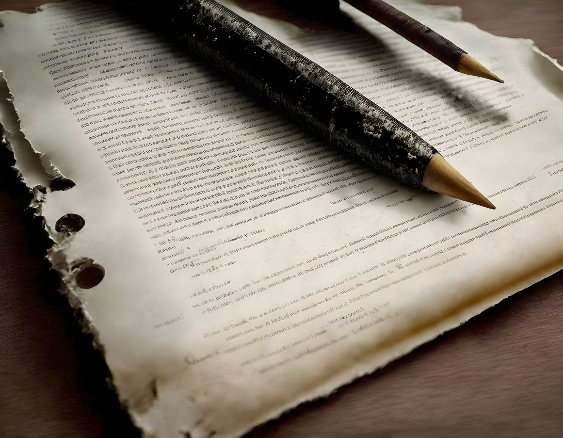 Antique Pens on Weathered Manuscript on Wooden Surface